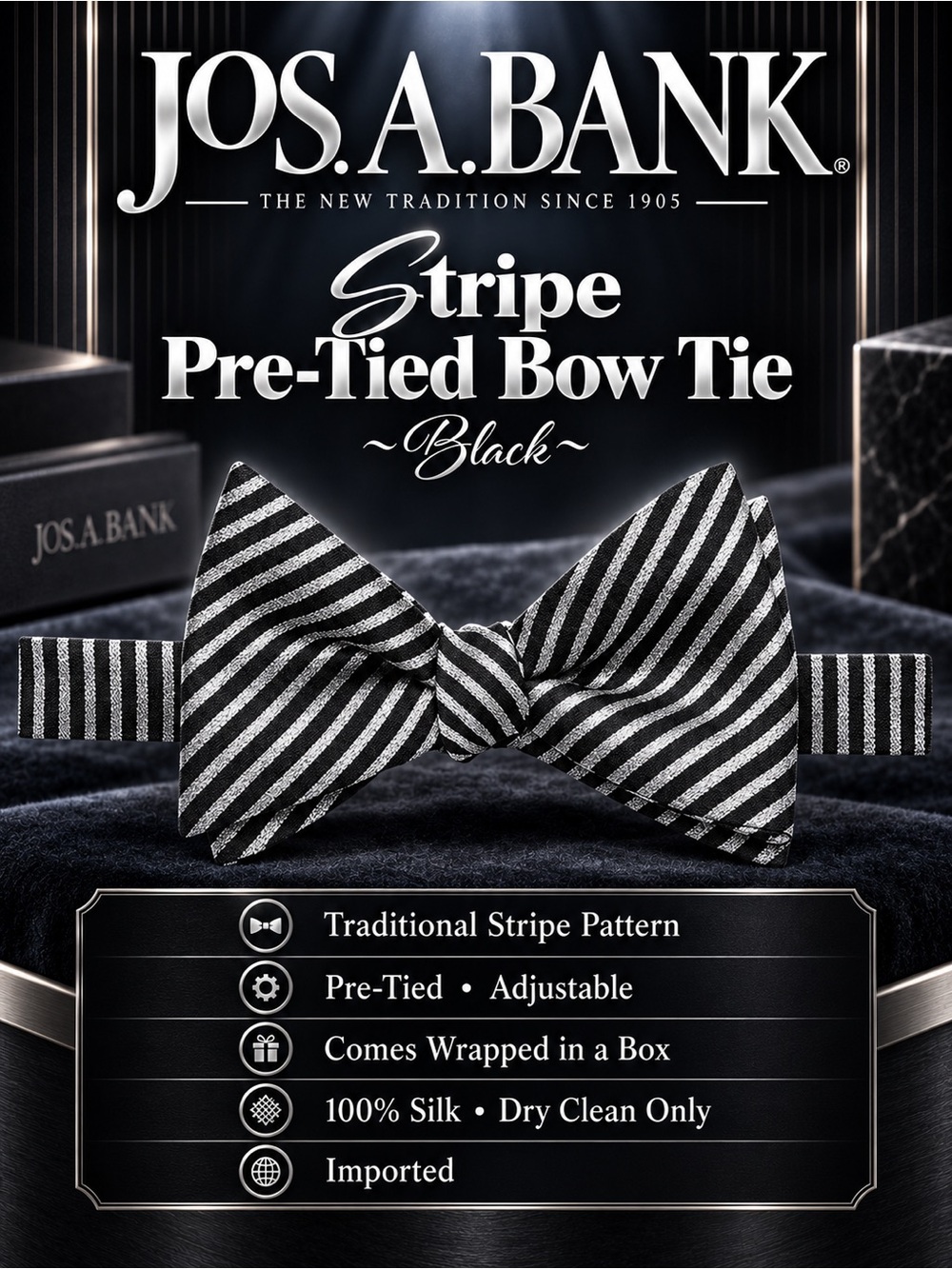 Jos. A. Bank Stripe Pre-Tied Gray and Black Silk Bow Tie NEW